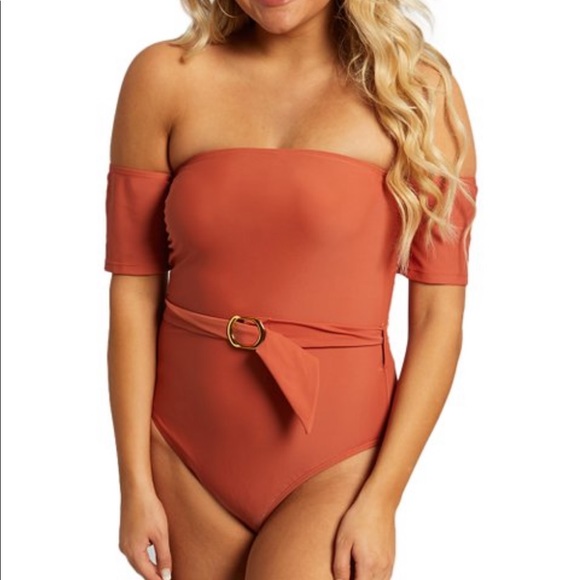 0182Burnt Orange Off-The Shoulder Belted One-Piece - Picture 1 of 5